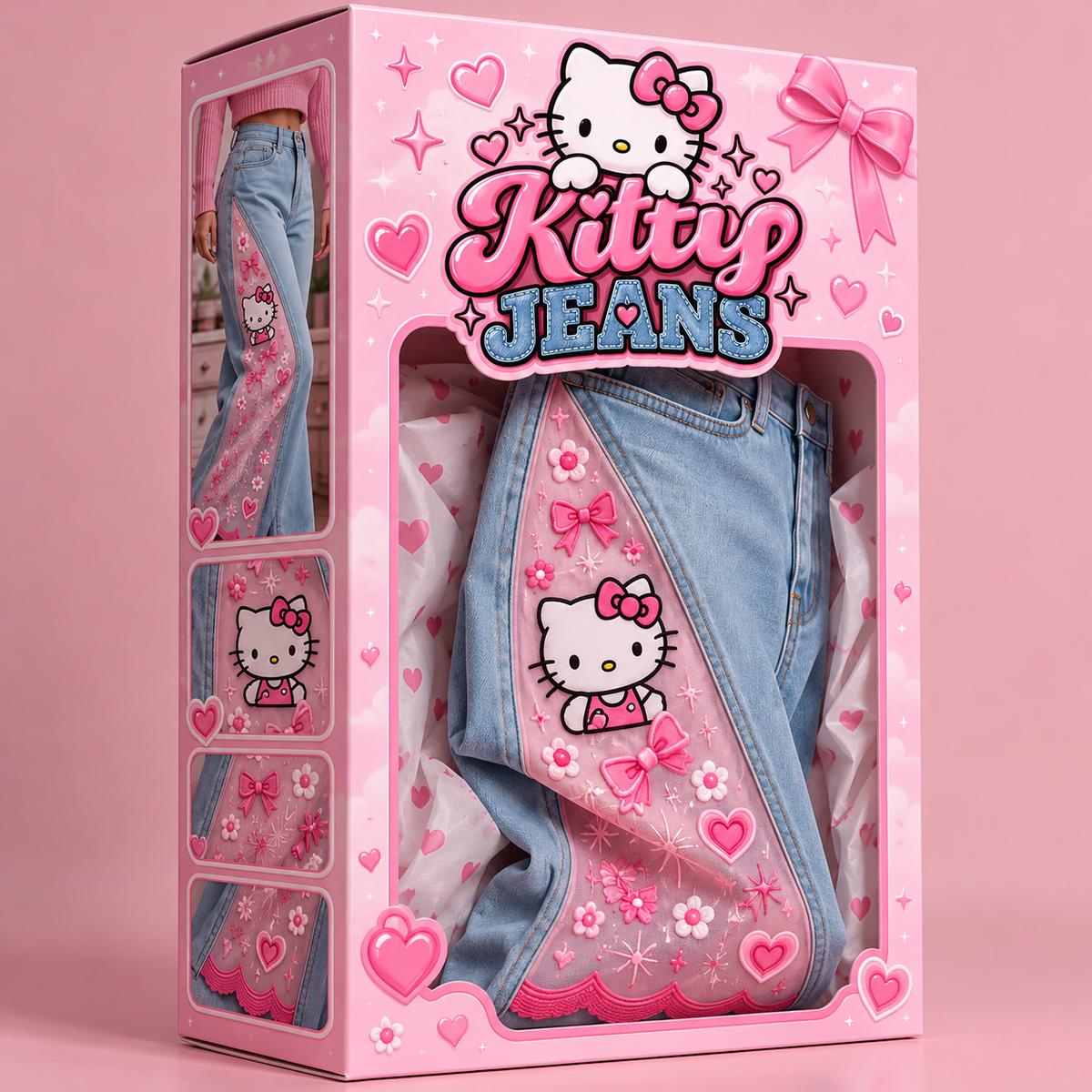 A pink Kitty Jeans mailer bag on a wooden floor